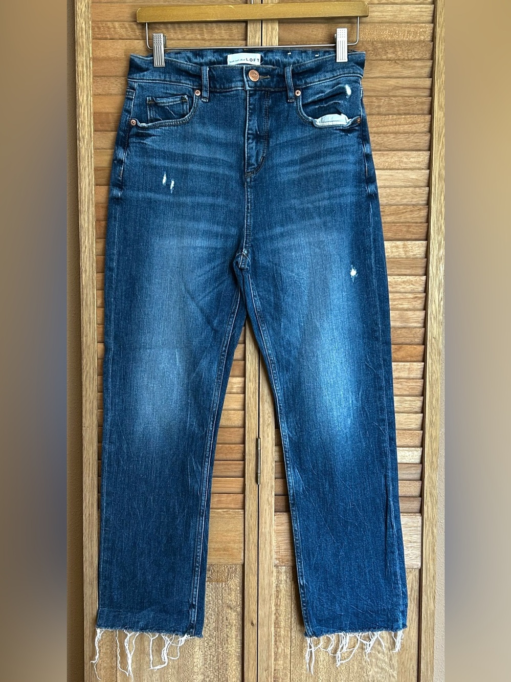 Loft womens blue jeans size 27/4 high waist stretch straight crop raw hem 27 / 4